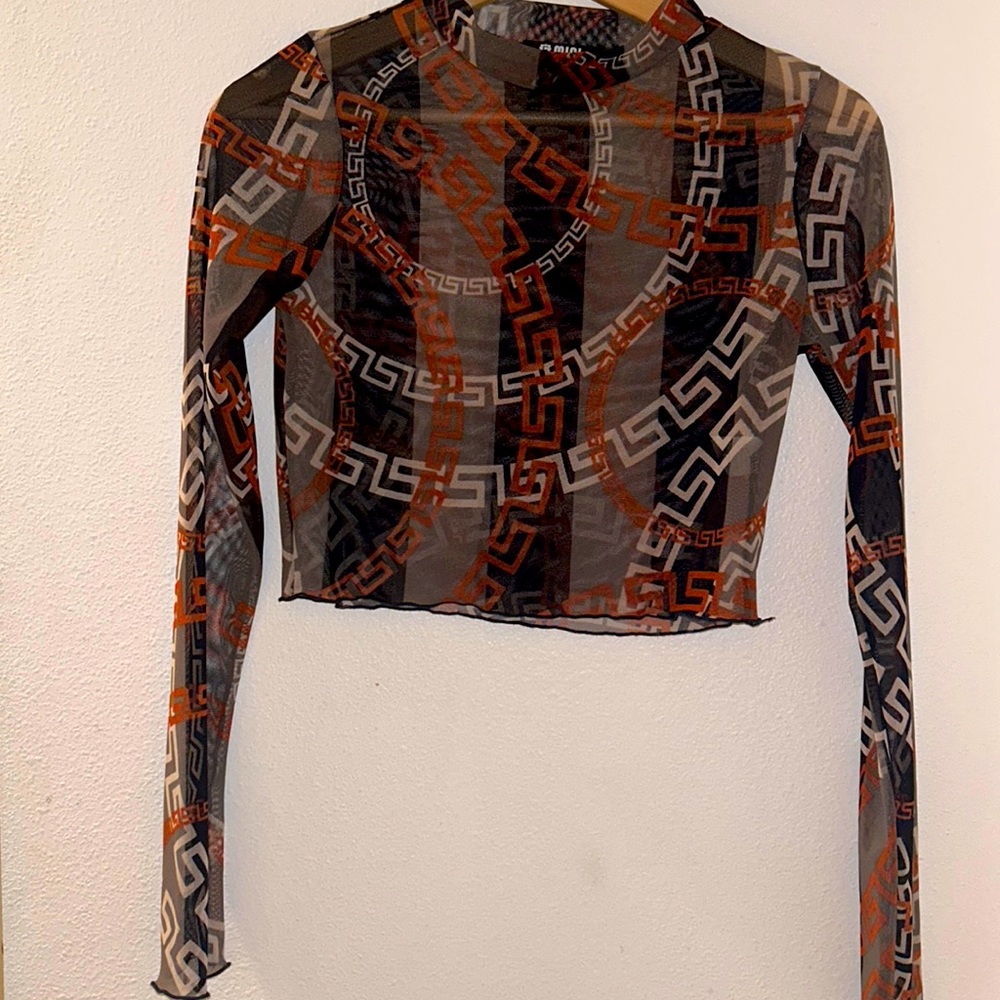 Long Sleeve Sheer Crop Top Versace Like
